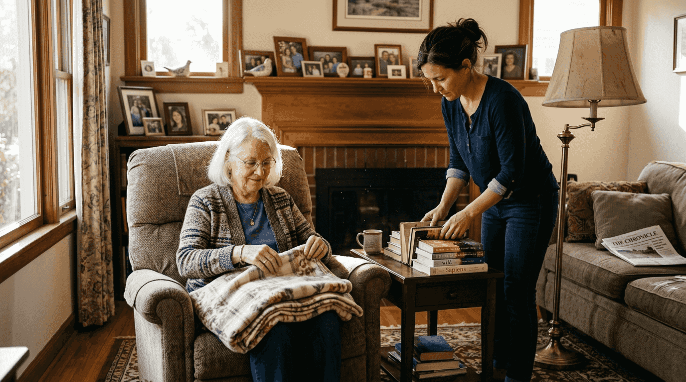 Elderly woman with family at home, cozy scene
