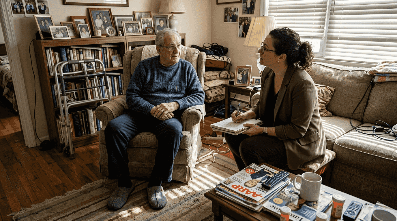 Social worker assessing senior home care needs