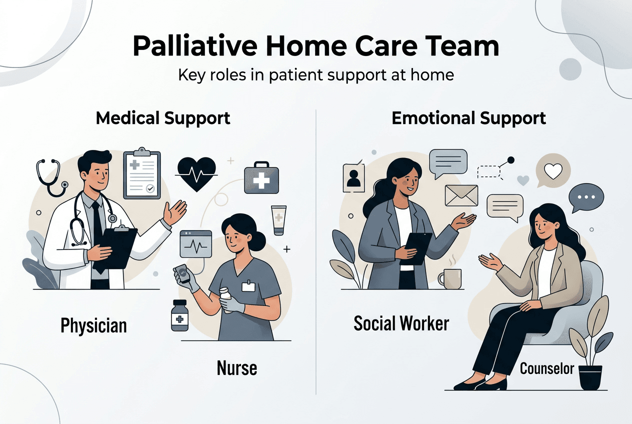 Infographic explaining home palliative care team roles