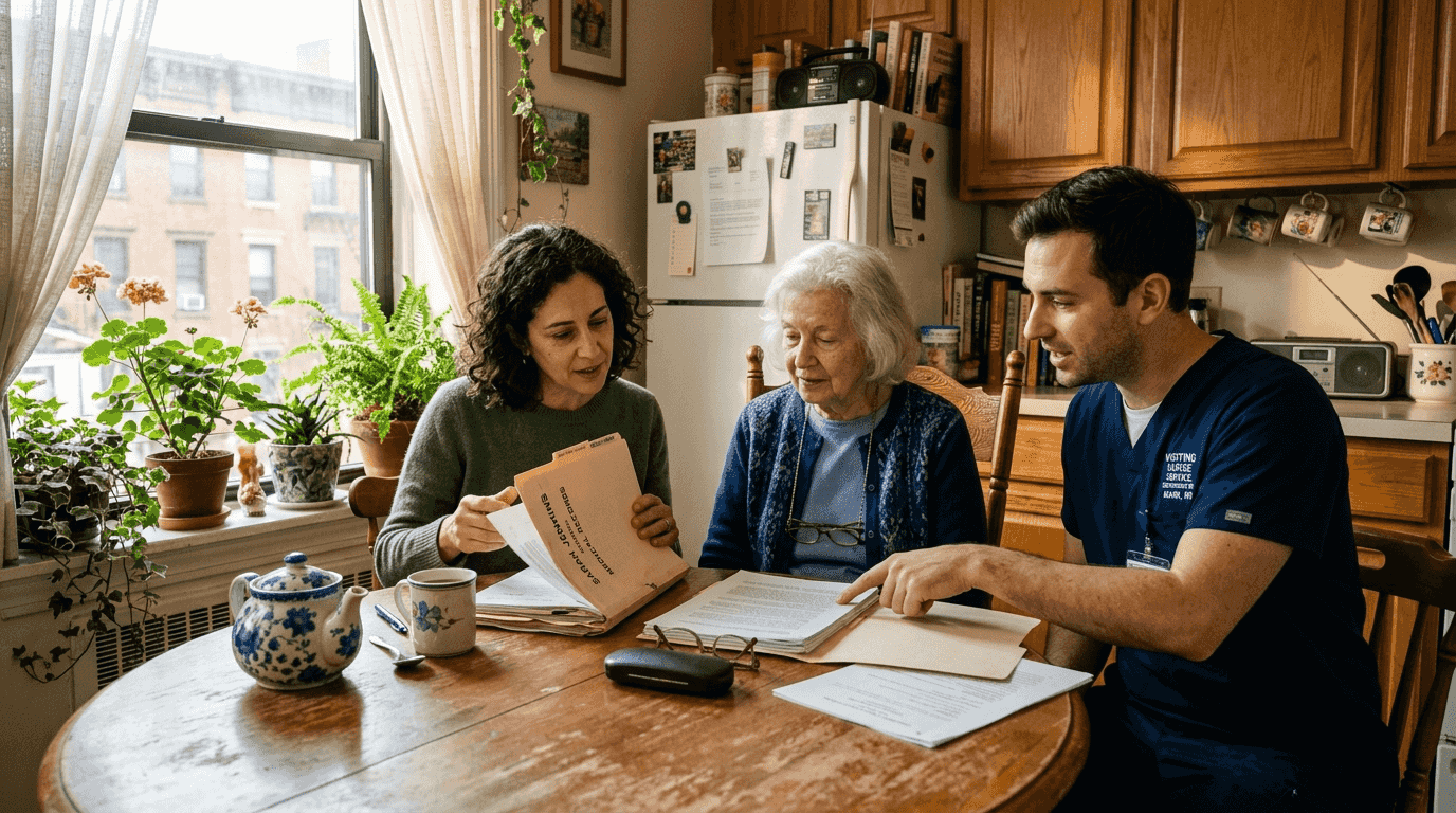 Family and nurse discuss senior home care plan