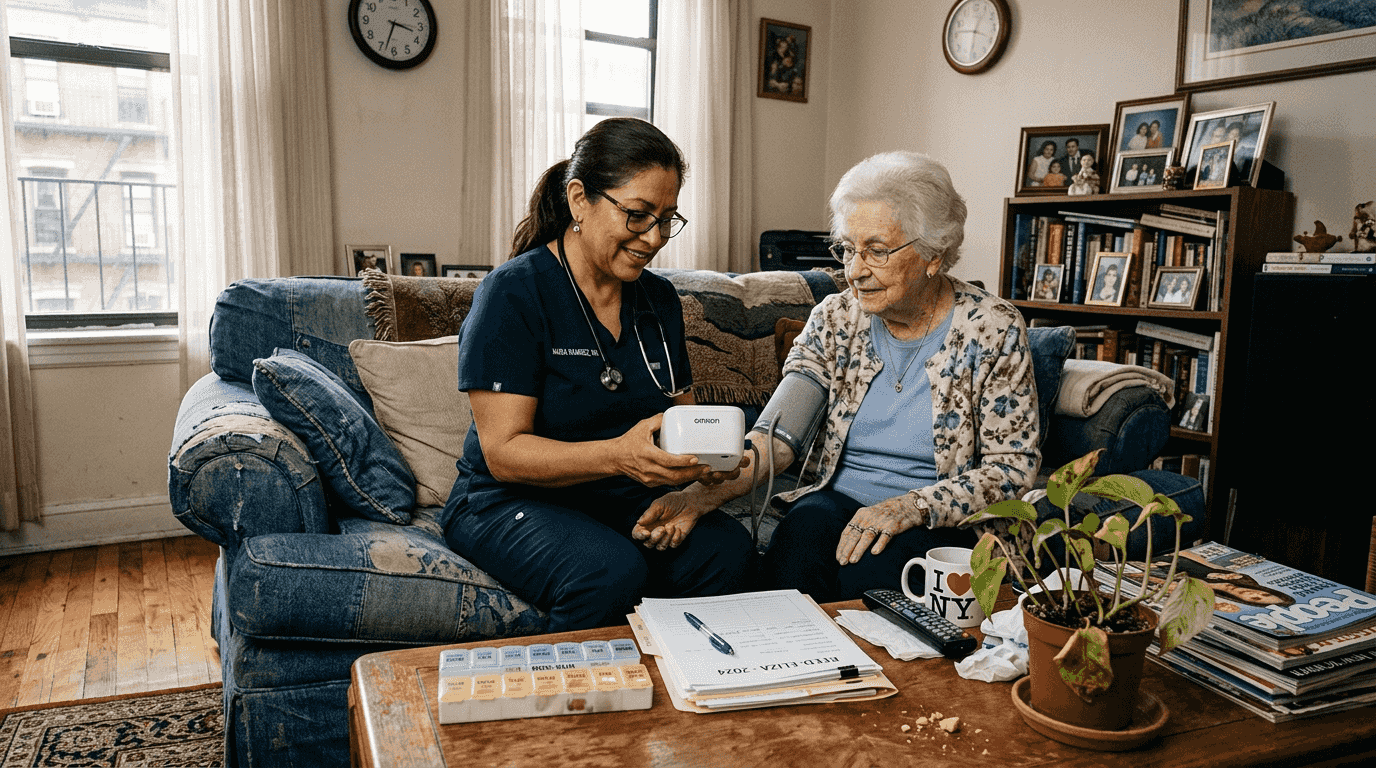 Nurse checking blood pressure in NYC apartment