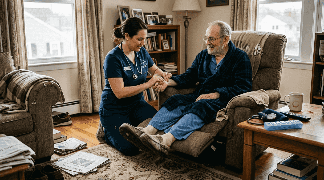 Nurse providing home symptom management support