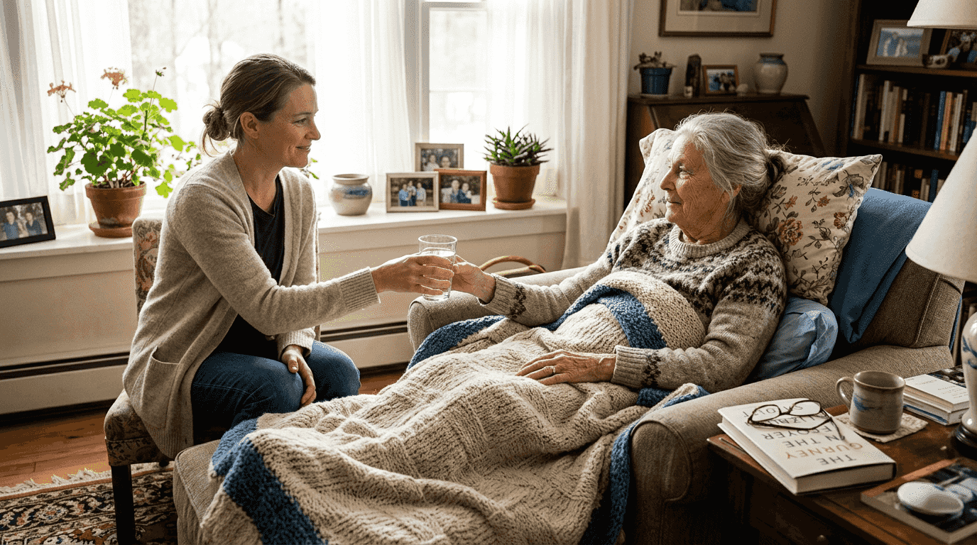Family caregiver supporting elderly woman at home