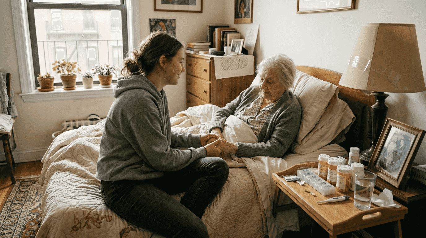 Granddaughter supporting elderly woman at home