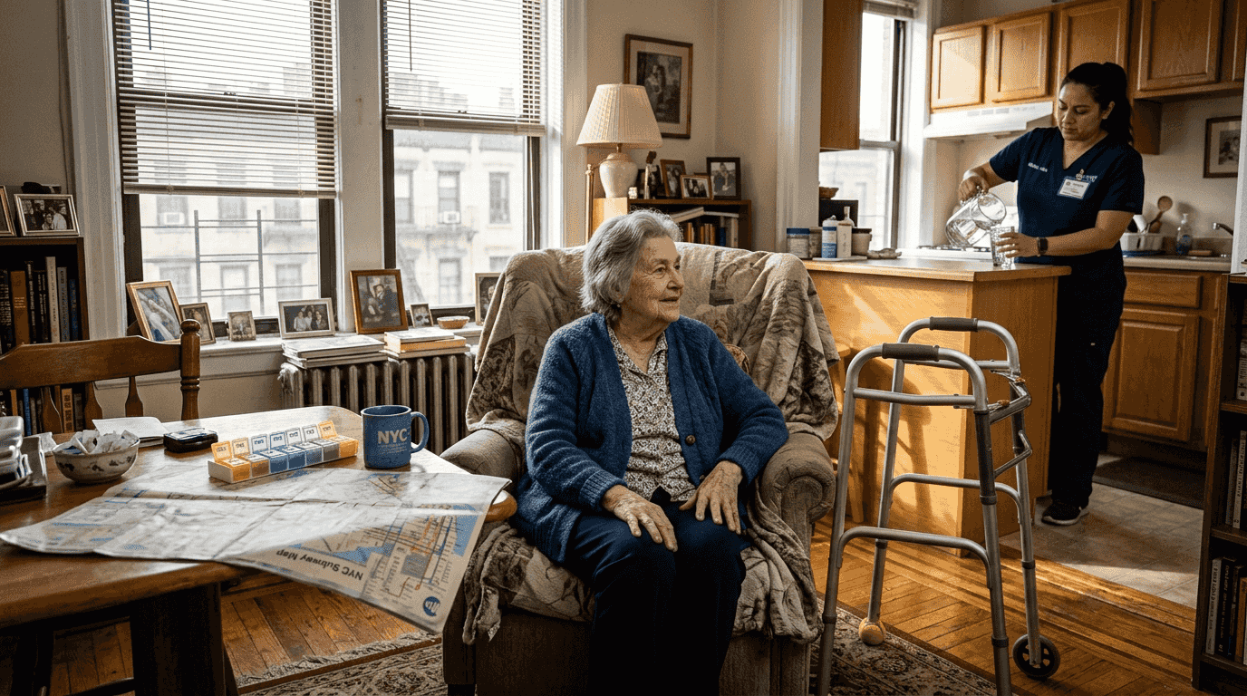 Home health aide assisting senior in NYC apartment