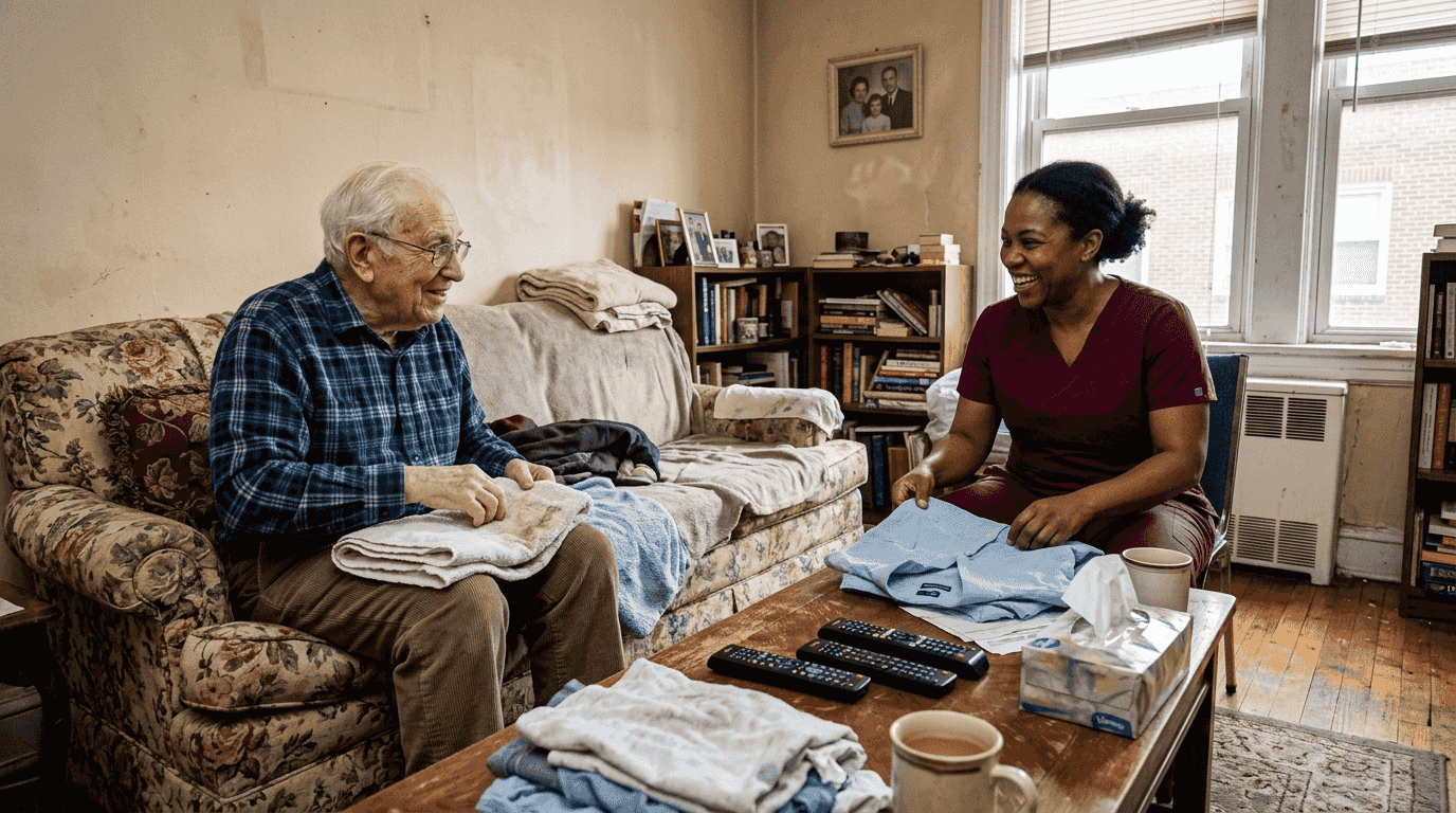 Elderly man with caregiver folding laundry