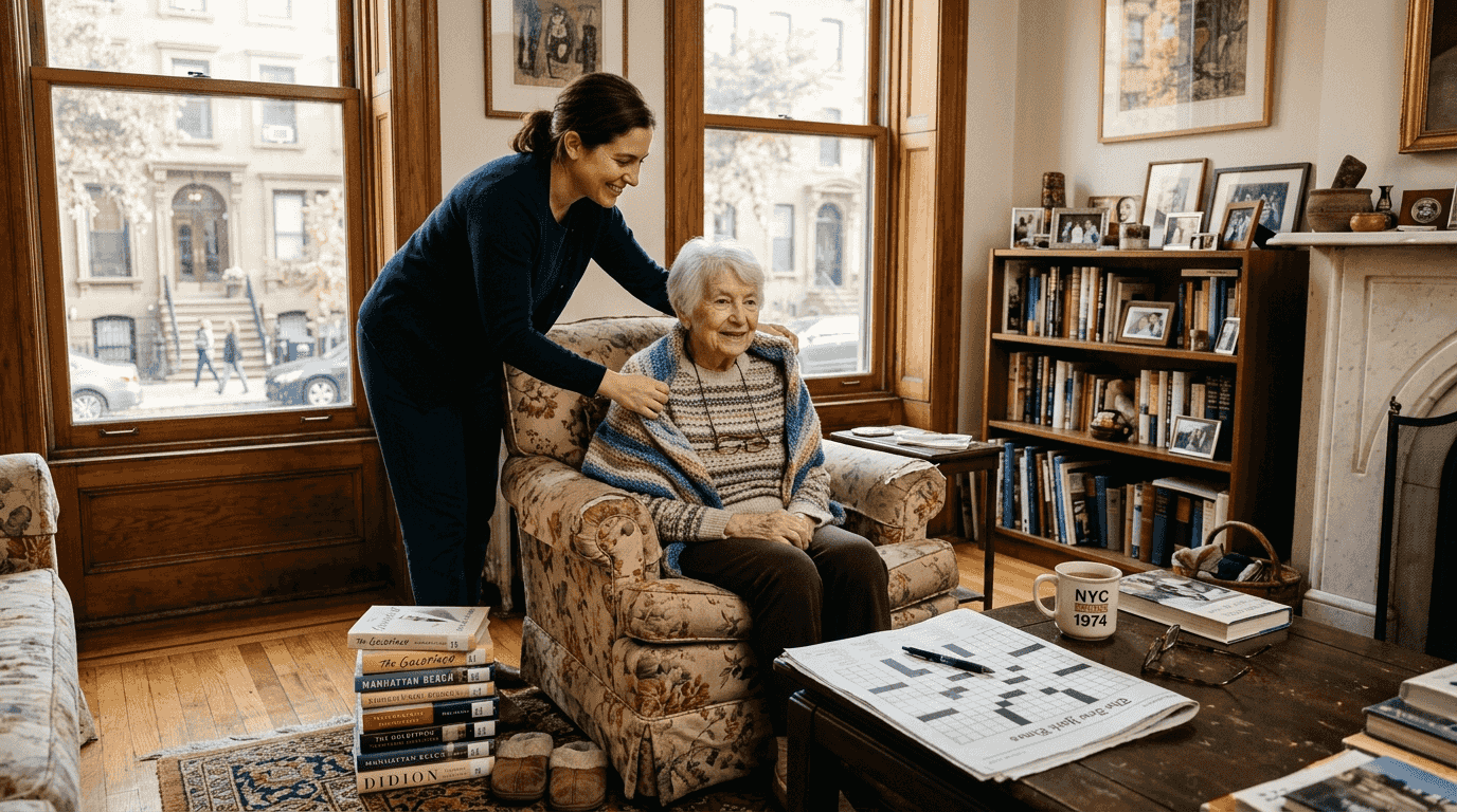 Elderly woman and caregiver in a NYC apartment