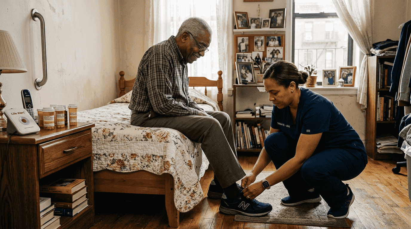 Home aide helping senior in bedroom