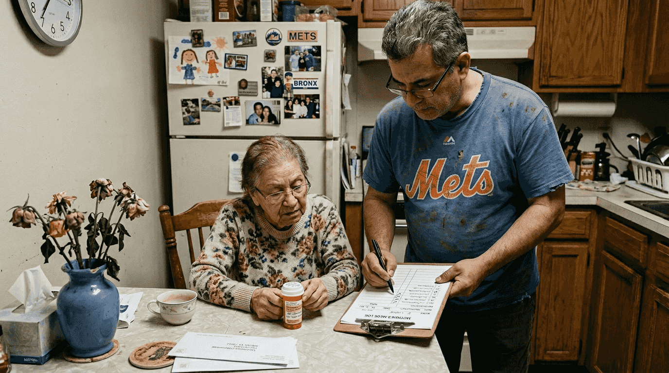 Caregiver helping senior with medication supervision