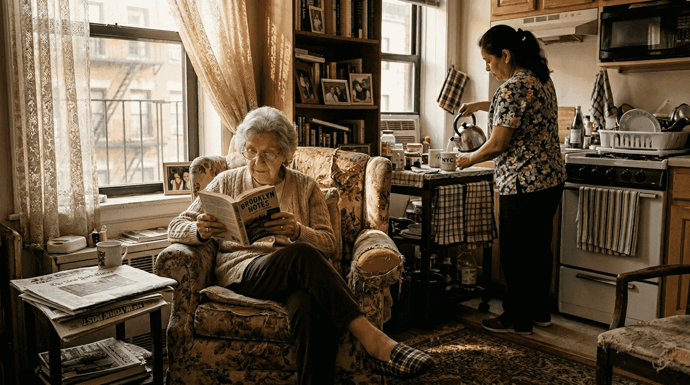 Senior woman reading in NYC apartment