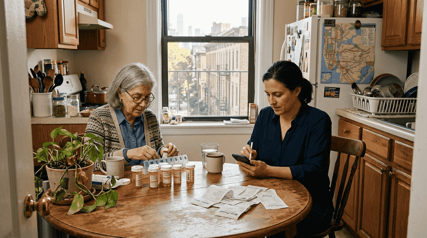 Family organizing home care in NYC kitchen
