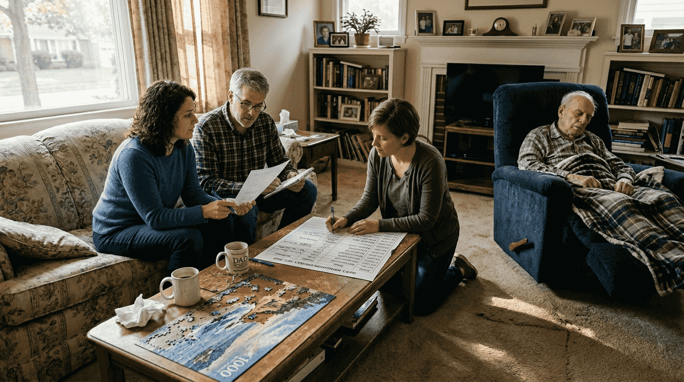 Siblings planning elderly home care together
