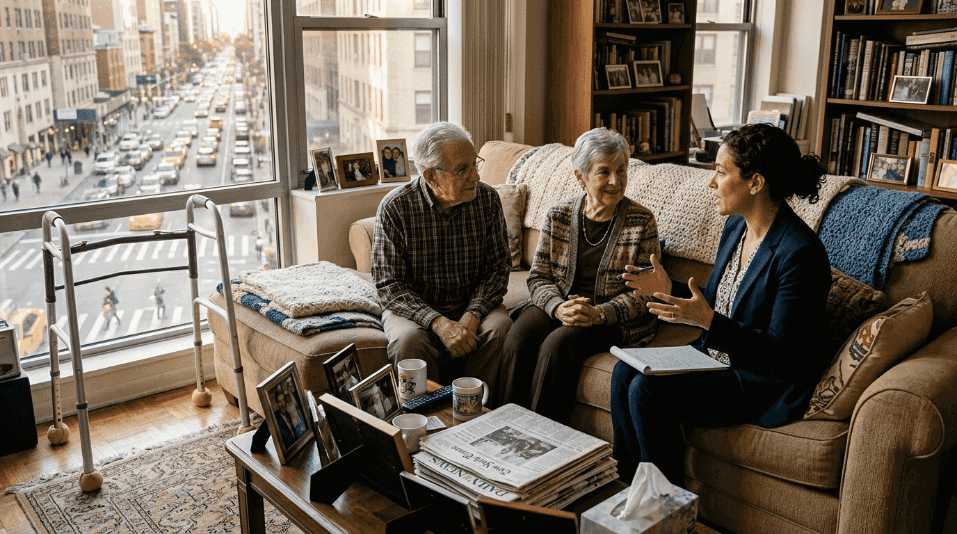 Social worker consulting senior couple at home