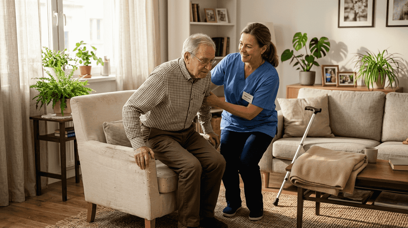 Home health worker helps elderly man in living room