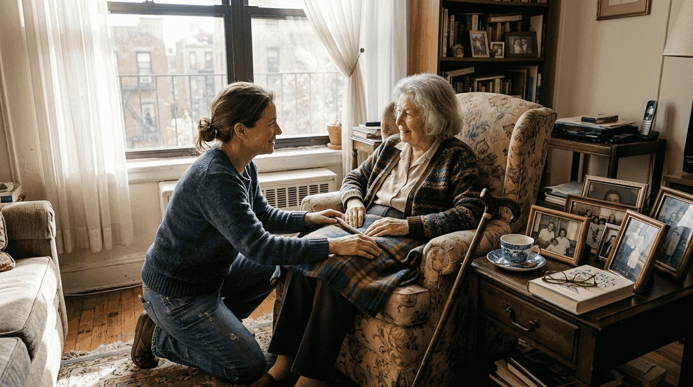 Elderly woman and daughter in NYC apartment