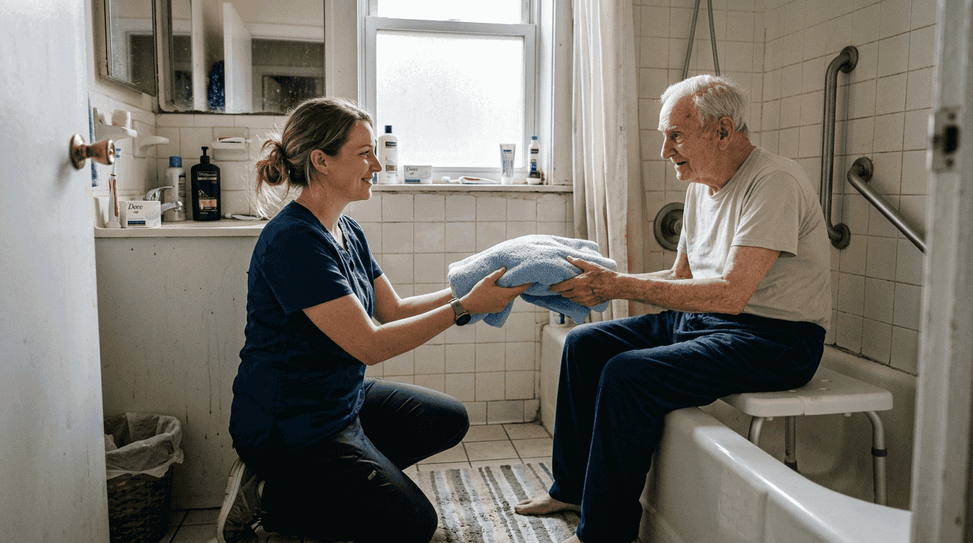 Personal care aide assisting senior with bathing