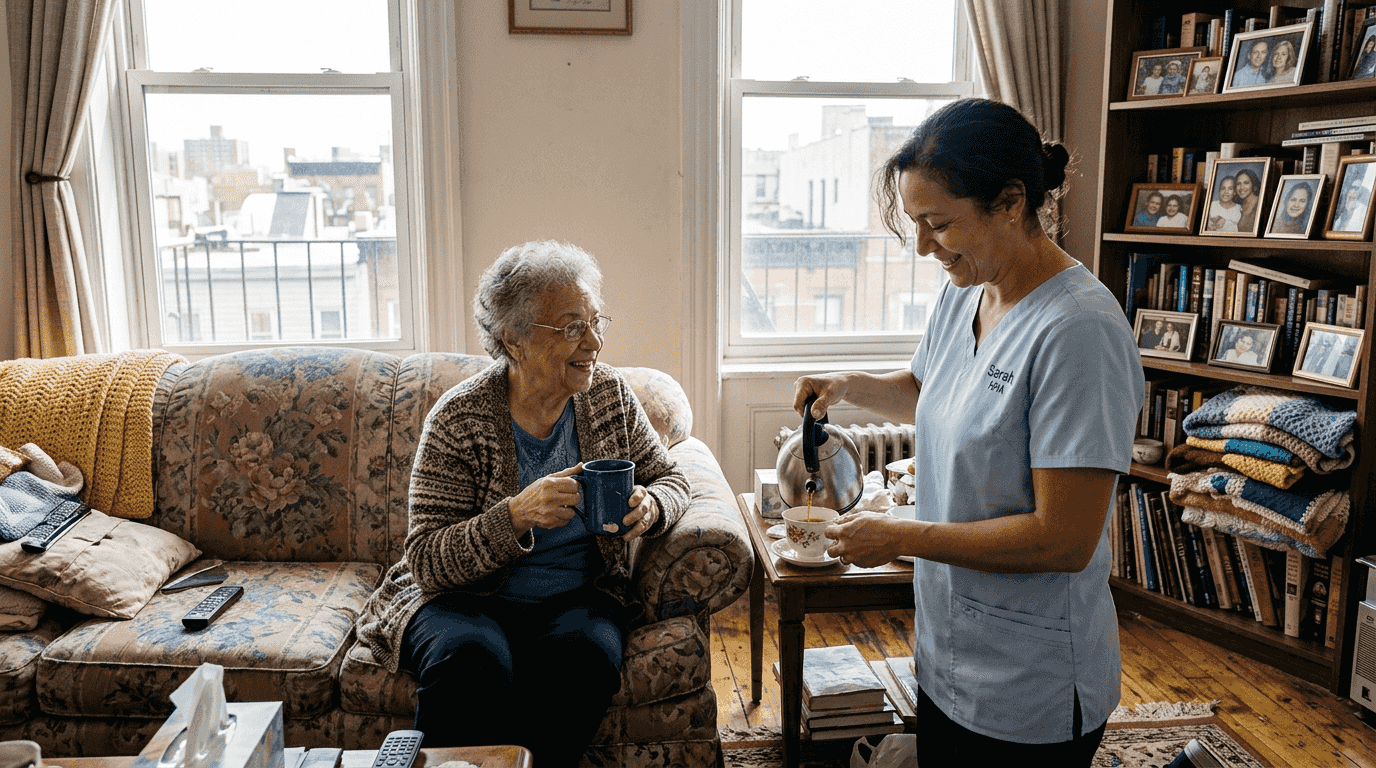 Home caregiver serving tea in NYC apartment