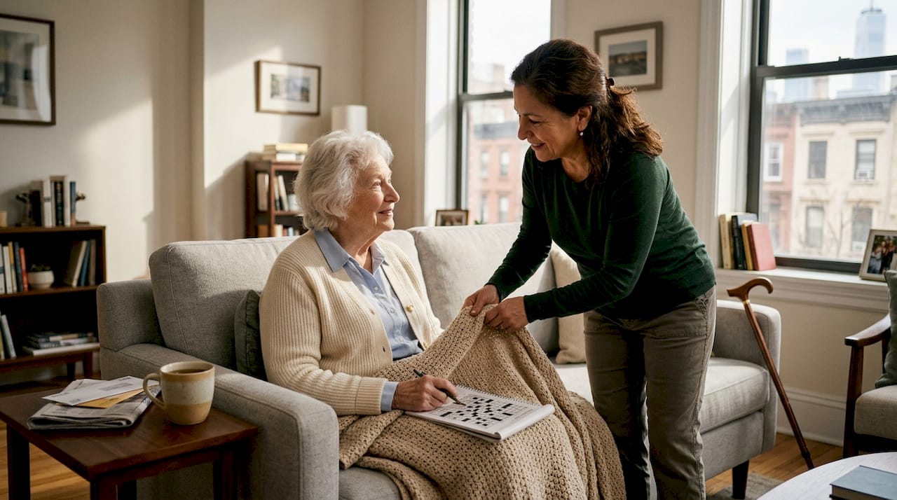 Caregiver assists senior with blanket at home