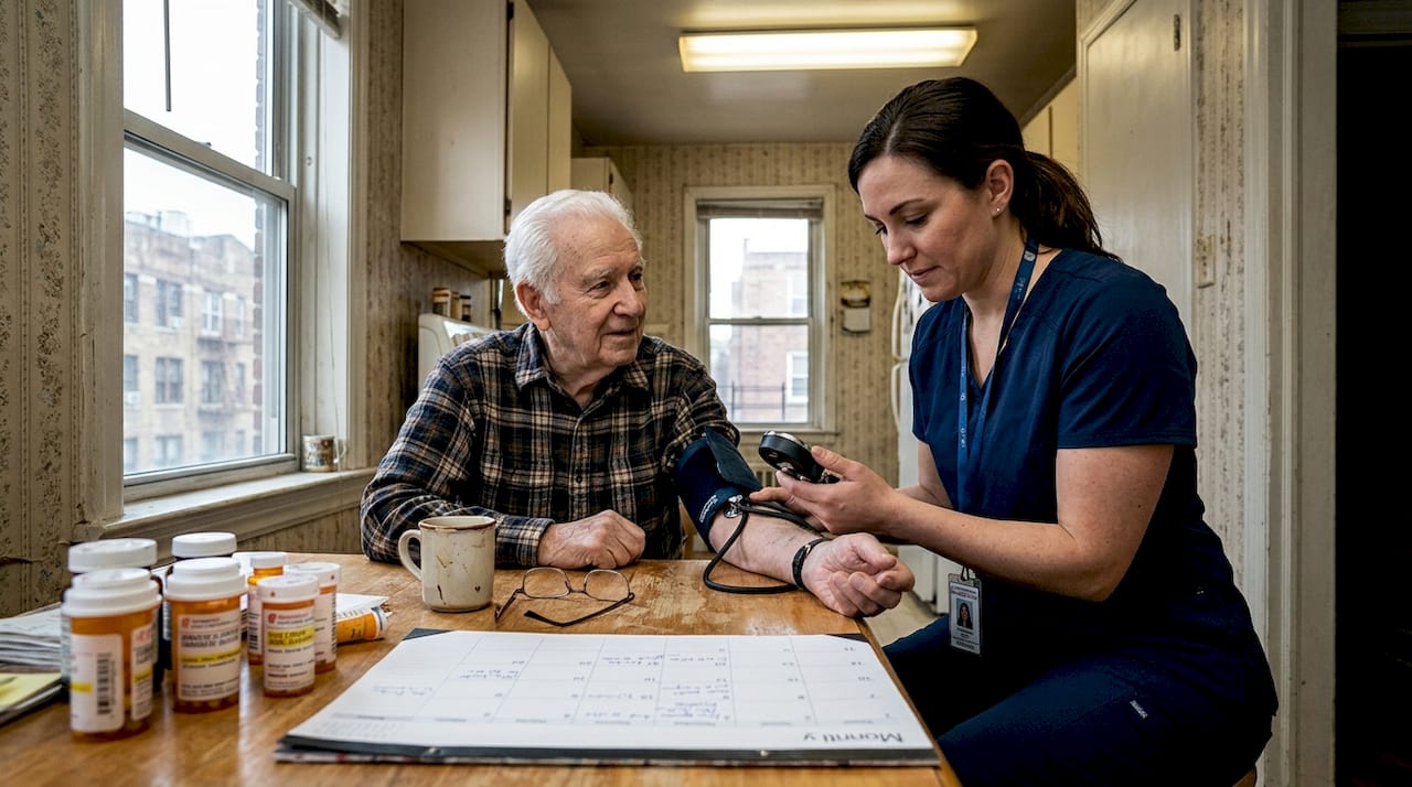 Nurse takes senior man's blood pressure at home