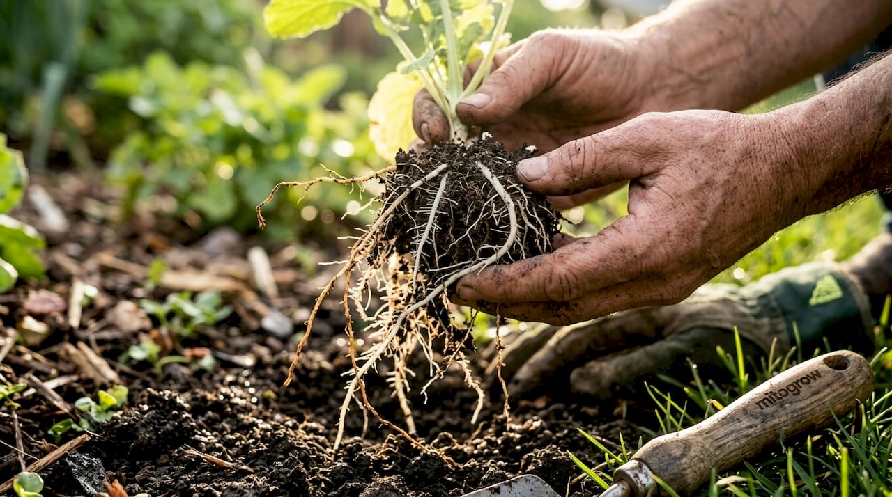 Closeup of healthy white plant roots in soil