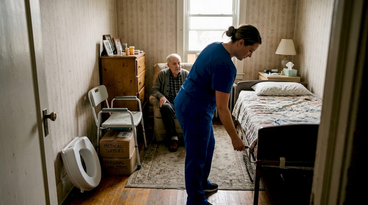 Healthcare worker setting up hospital bed at home