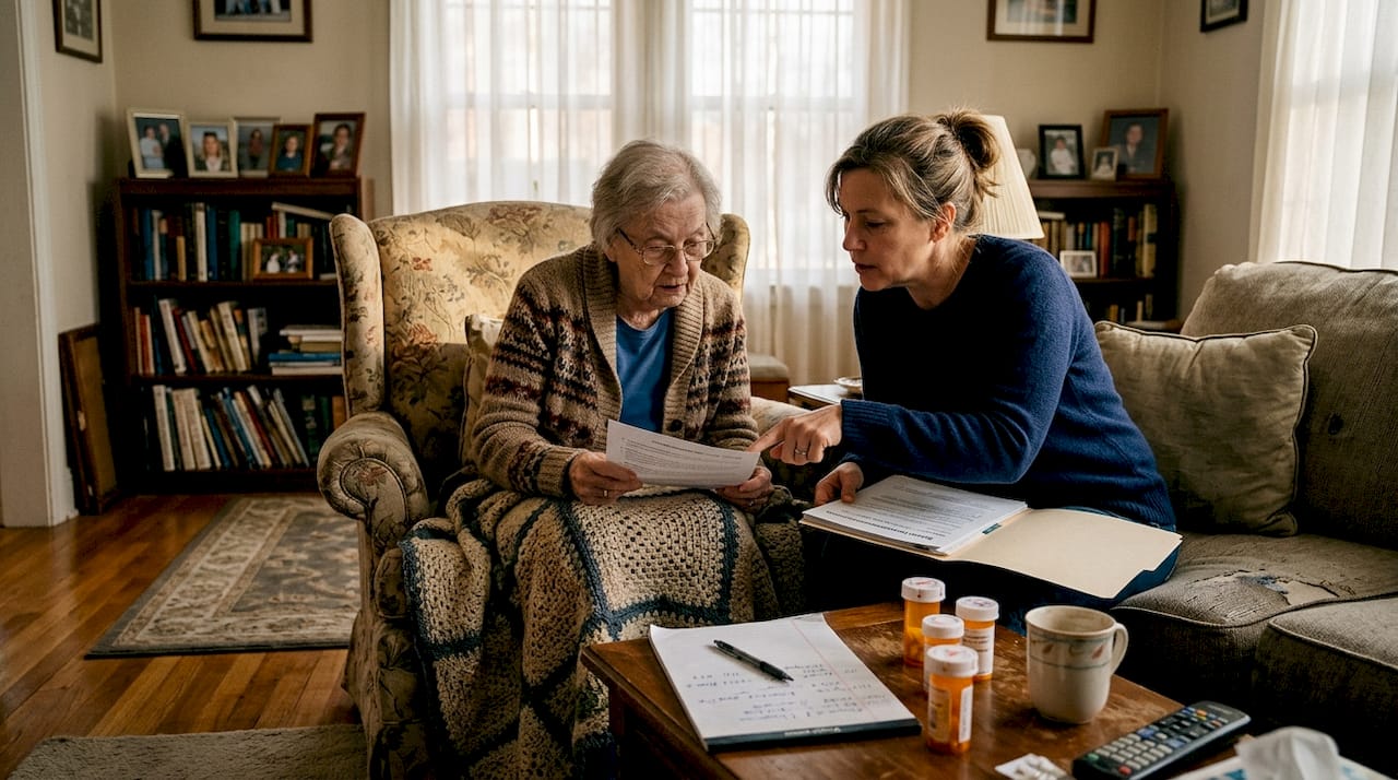 Elderly woman and daughter reviewing discharge papers