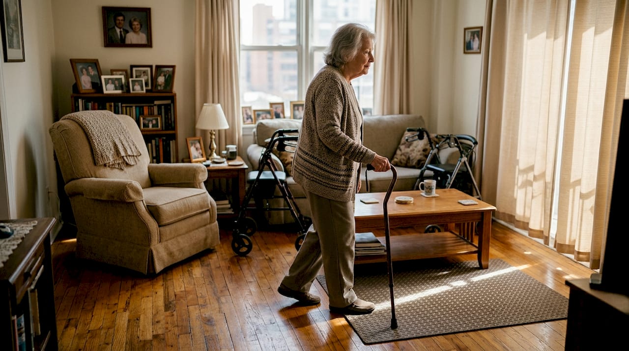 Senior woman navigating safe living room