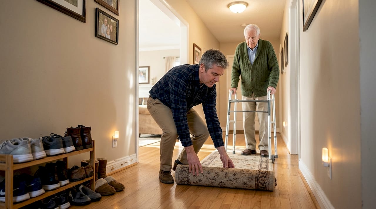 Family removing rug for senior safety