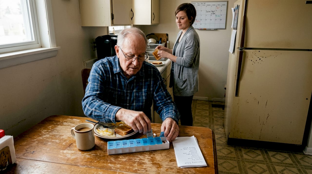 Senior organizing pills during morning routine