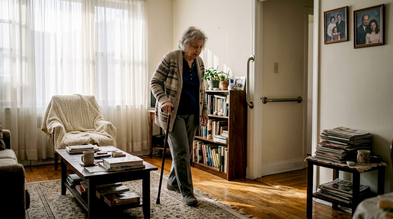 Elderly woman moving safely at home