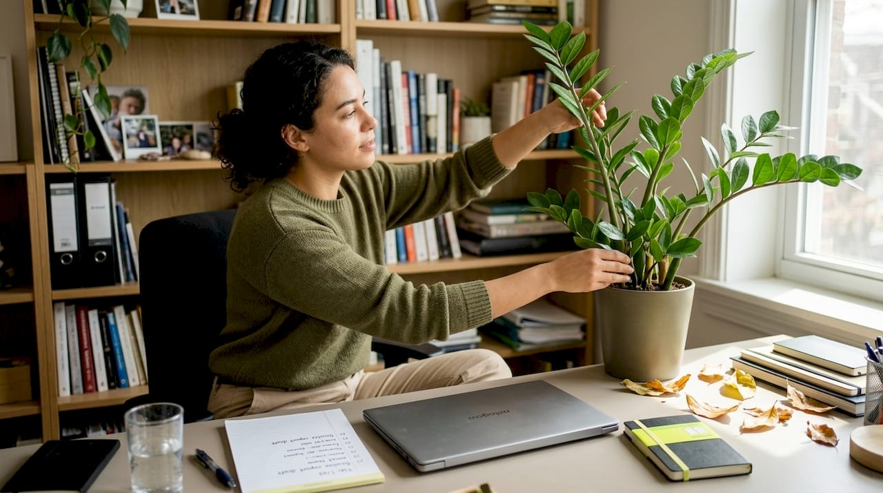 ZZ plant on office shelf with daily workspace items