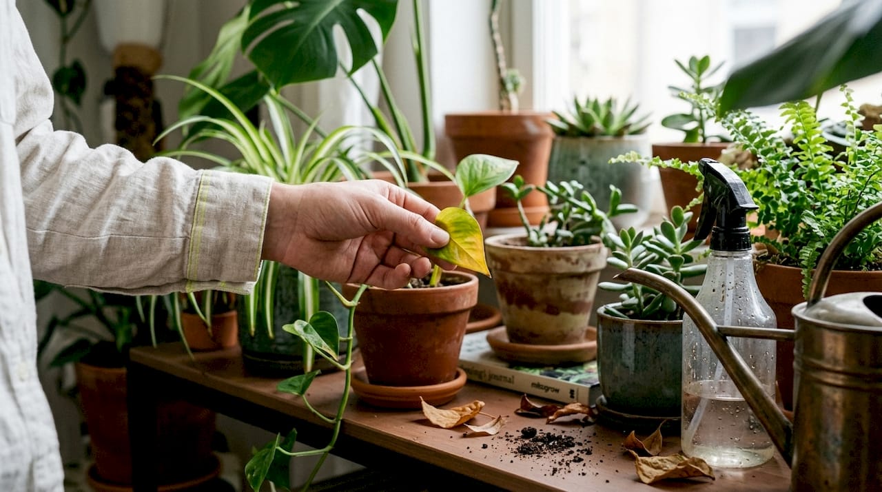 Hand touching yellowing leaf of indoor plant