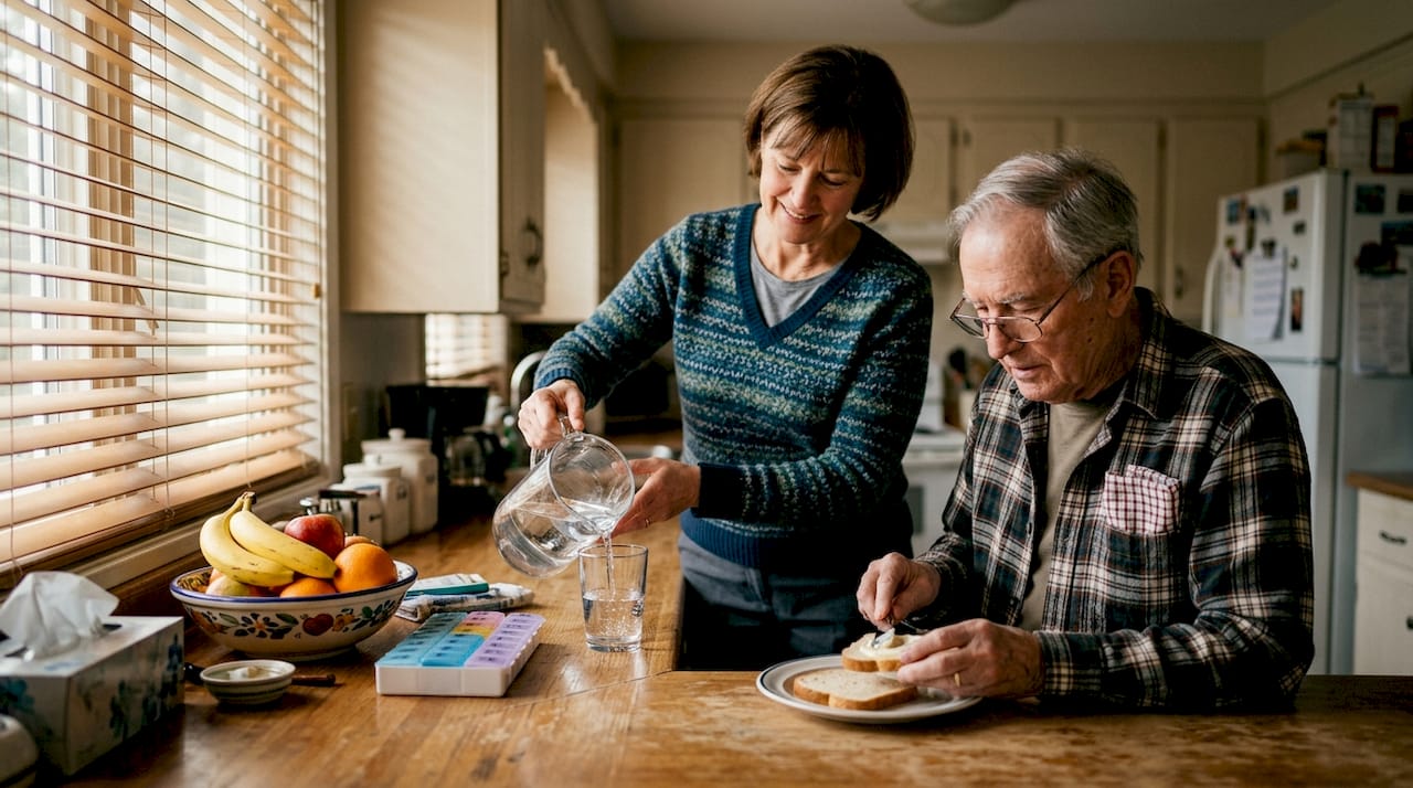 Caregiver helps elderly man with lunch tasks
