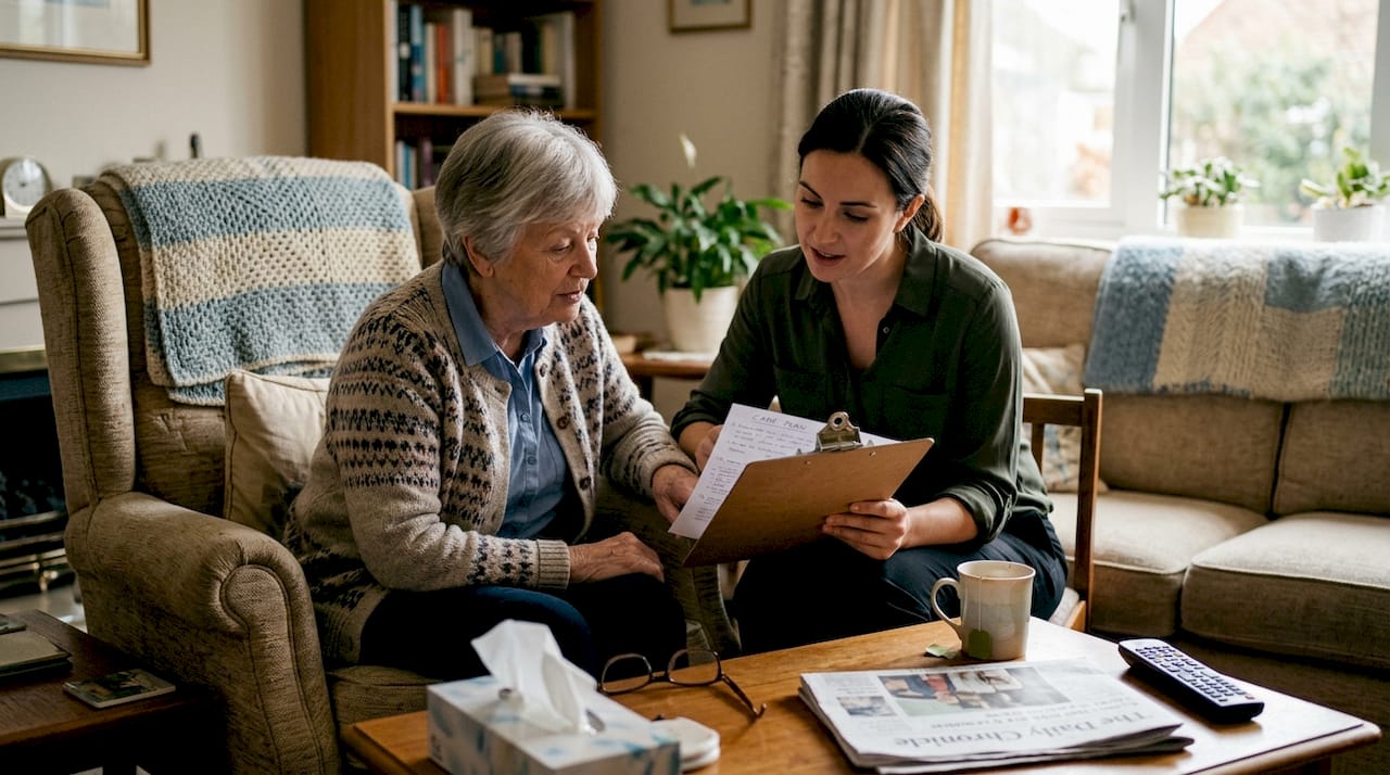 Older woman and caregiver review care plan