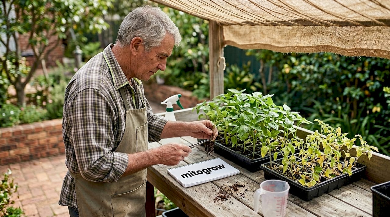 Comparing plant cuttings at potting bench