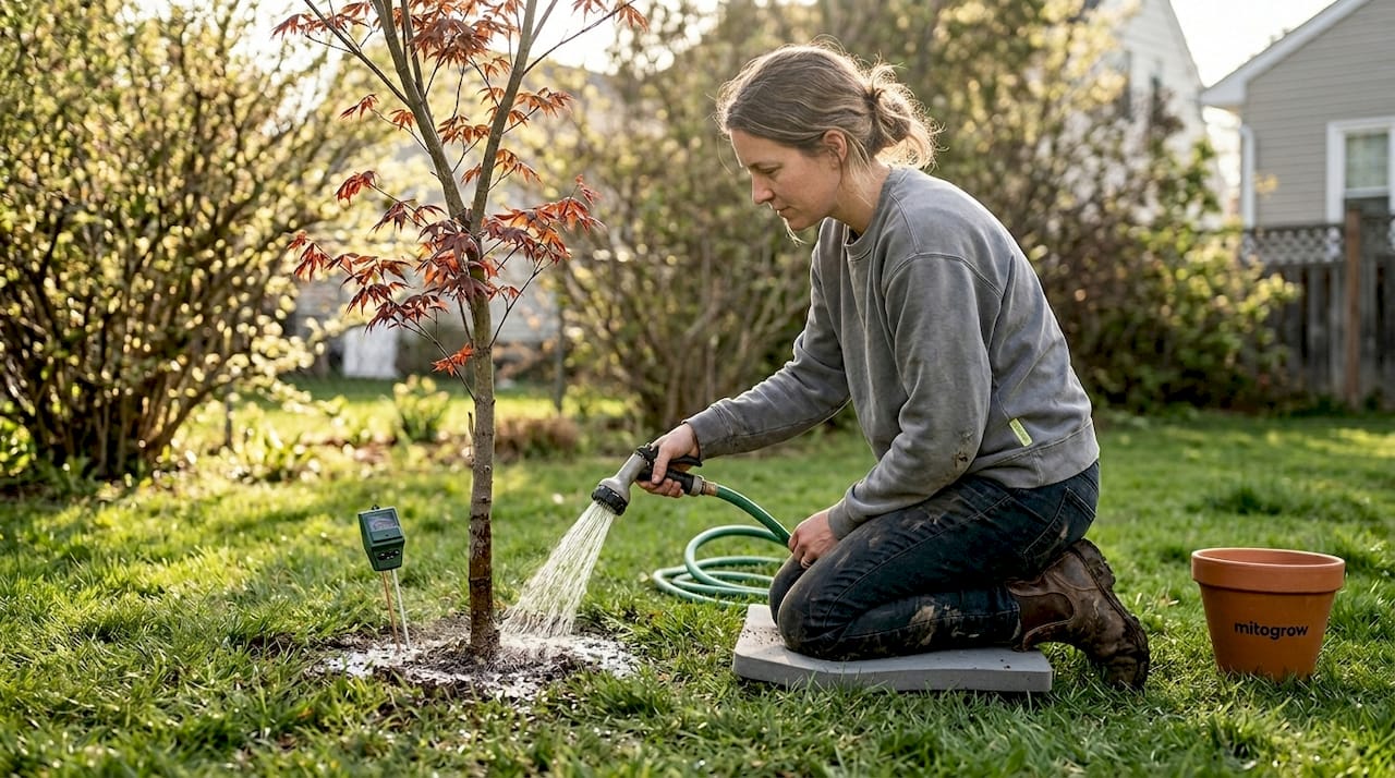 Woman watering backyard tree slowly with hose