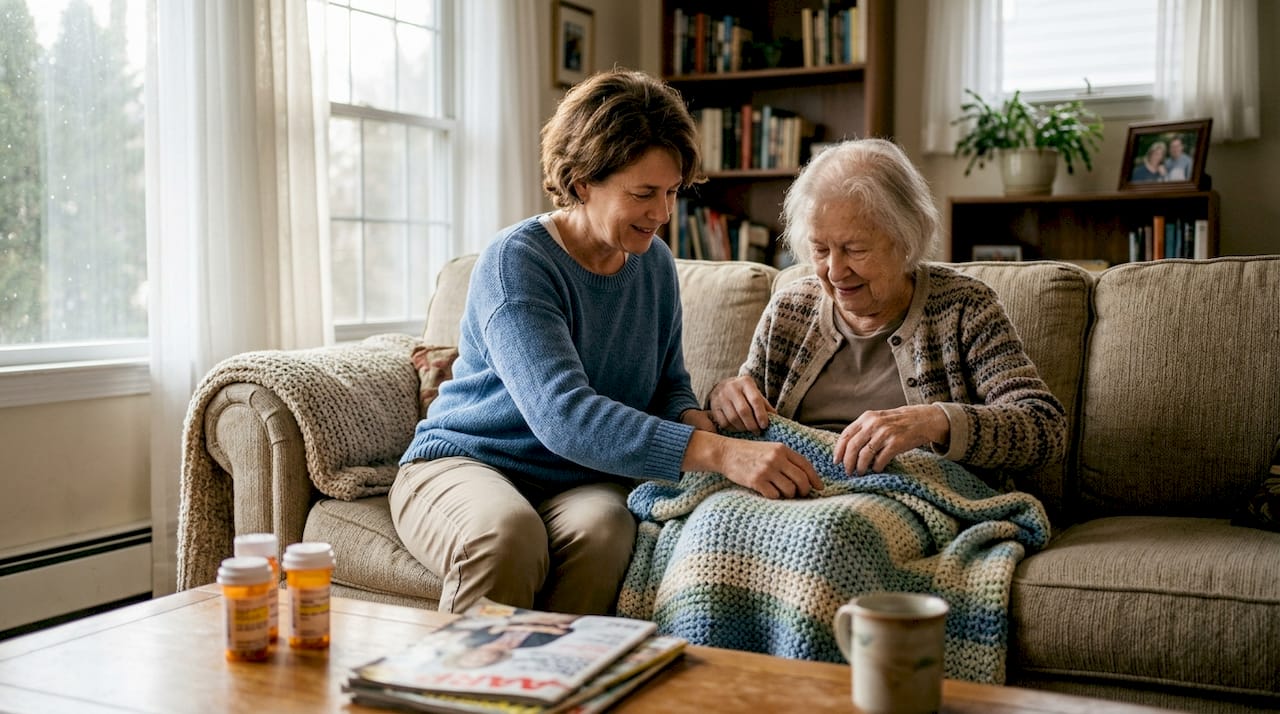 Caregiver assists elderly woman in home setting