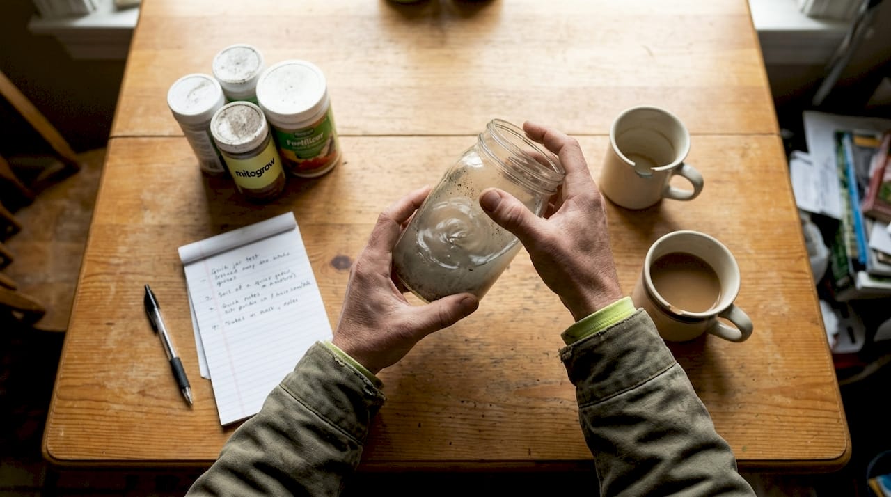 Hands shaking jar test for fertilizers