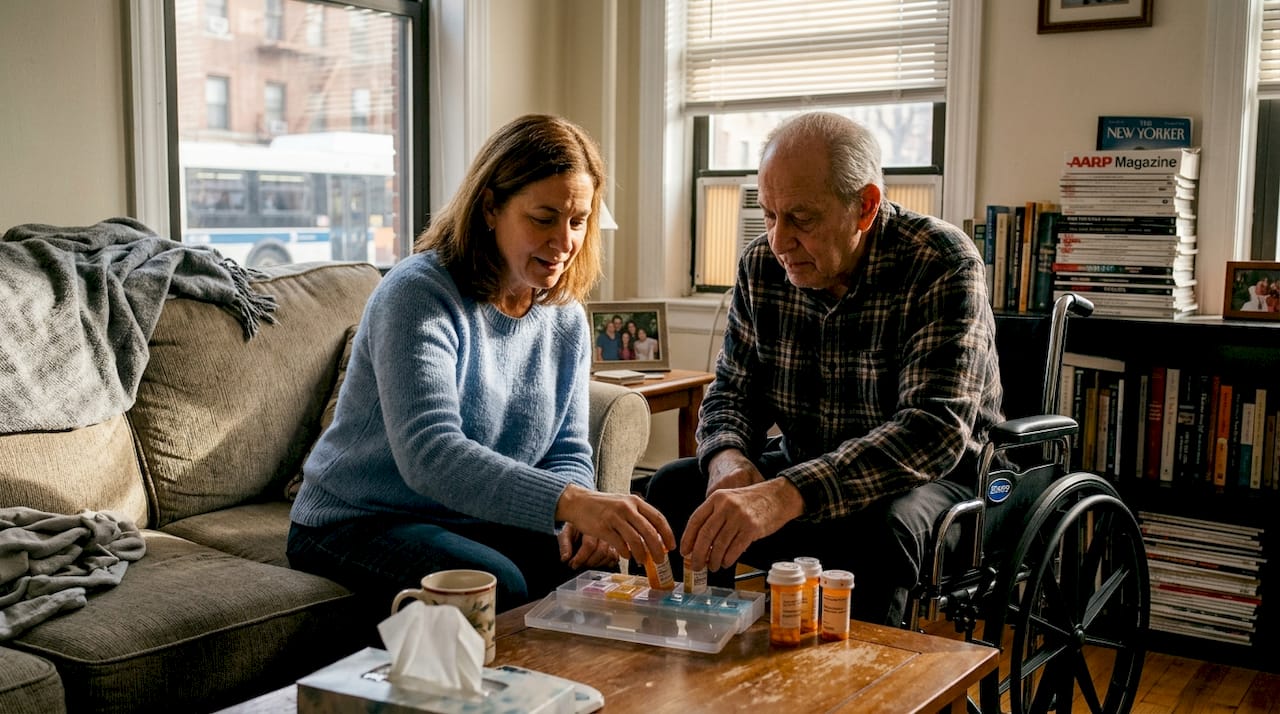 Caregiver assisting disabled adult with medication at home
