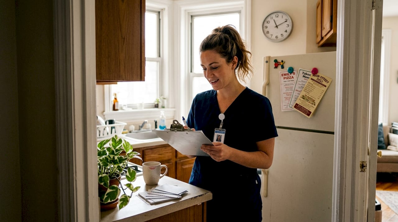 Nurse reviewing notes for home care visit