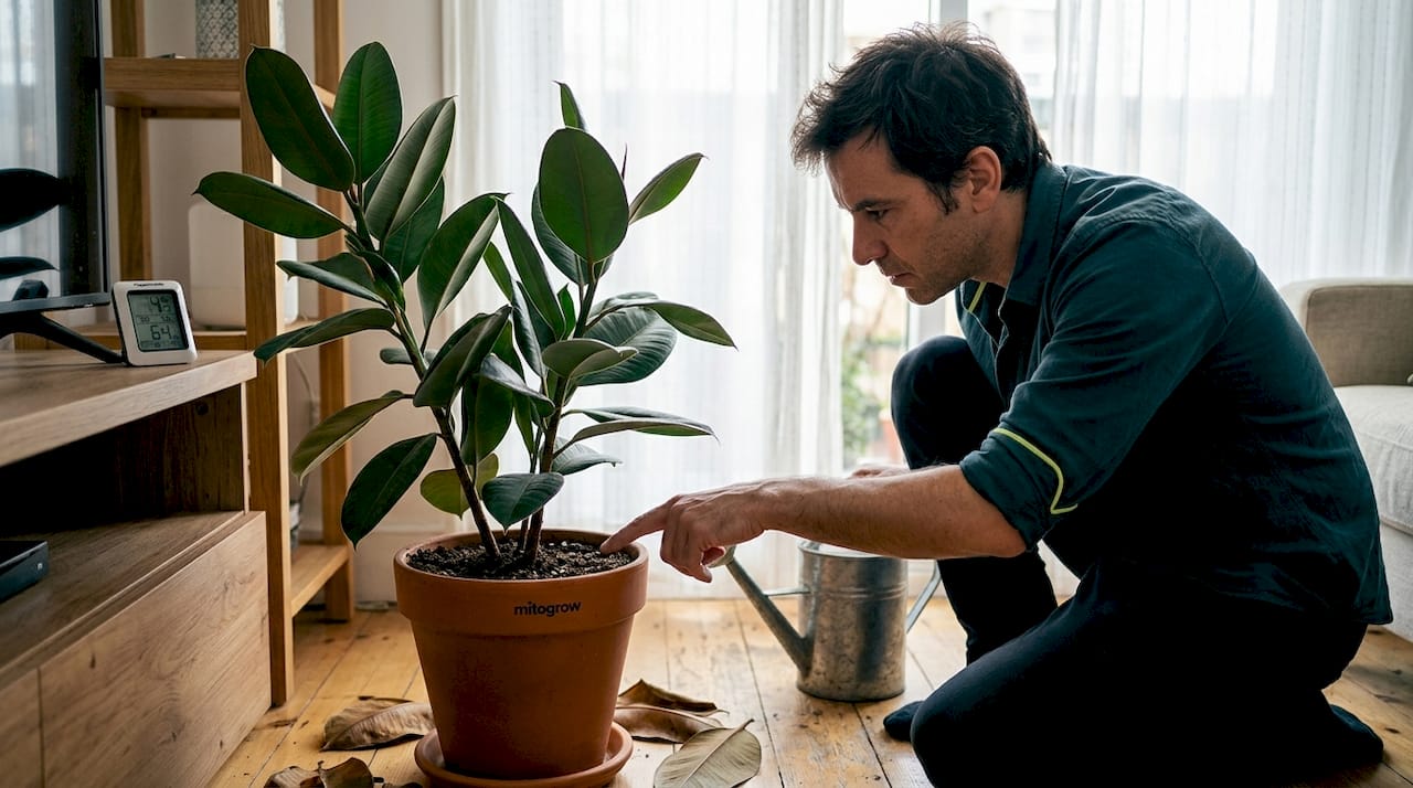 Man checking indoor plant soil moisture