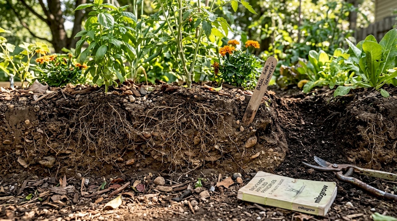Garden cross-section showing diverse healthy roots