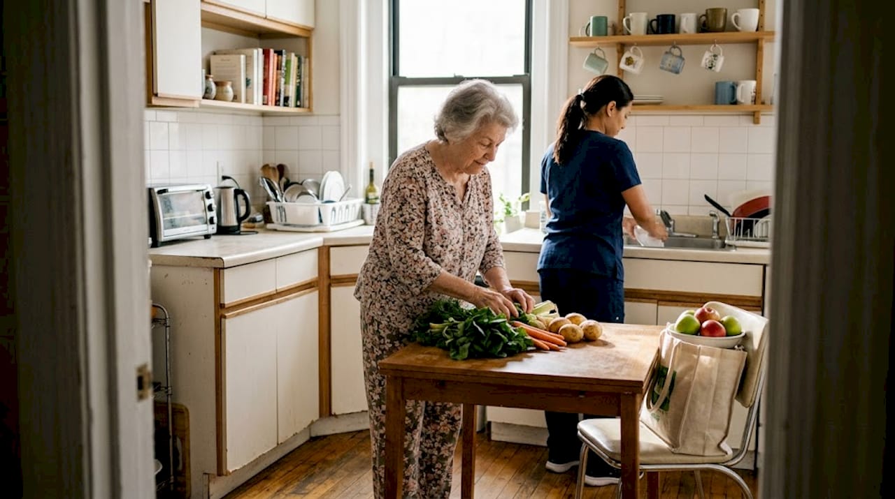 Senior and aide preparing meal in NYC kitchen