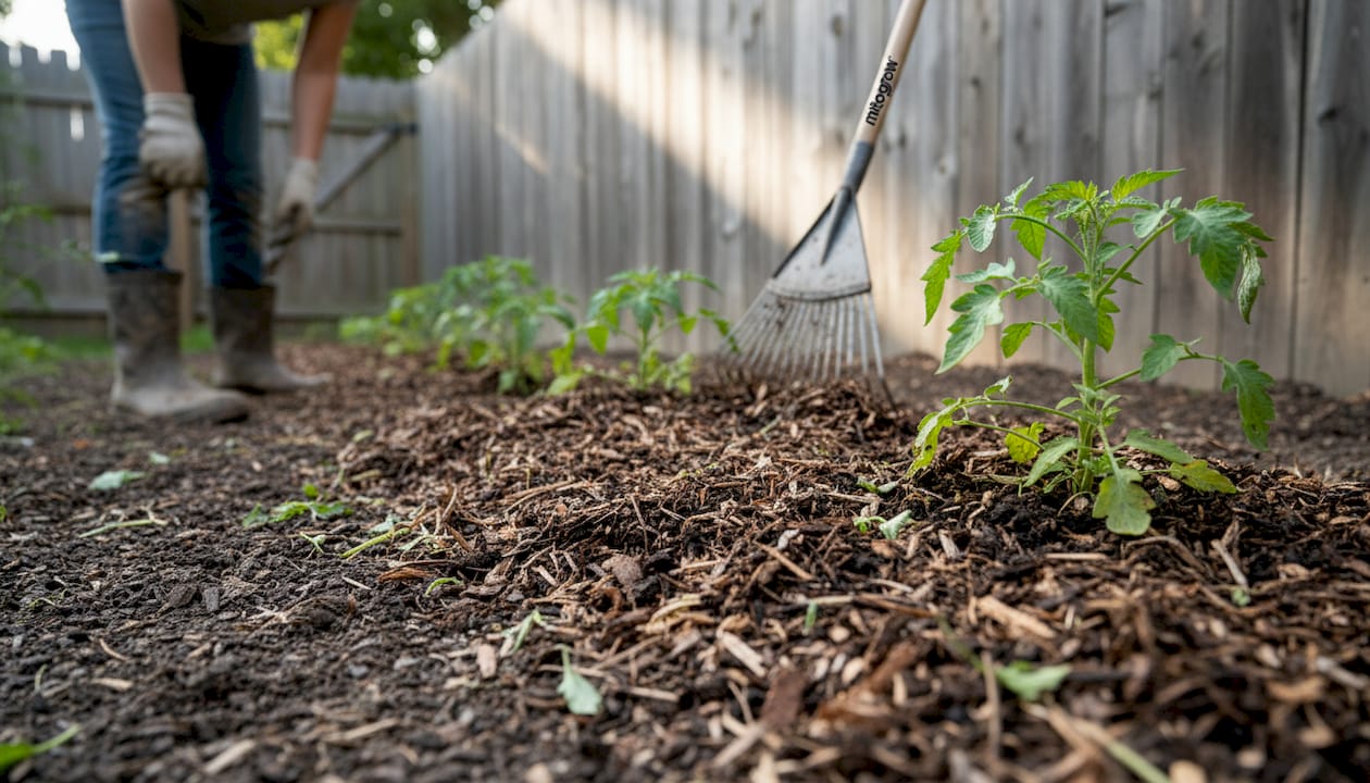 Mulch layer on garden soil close-up