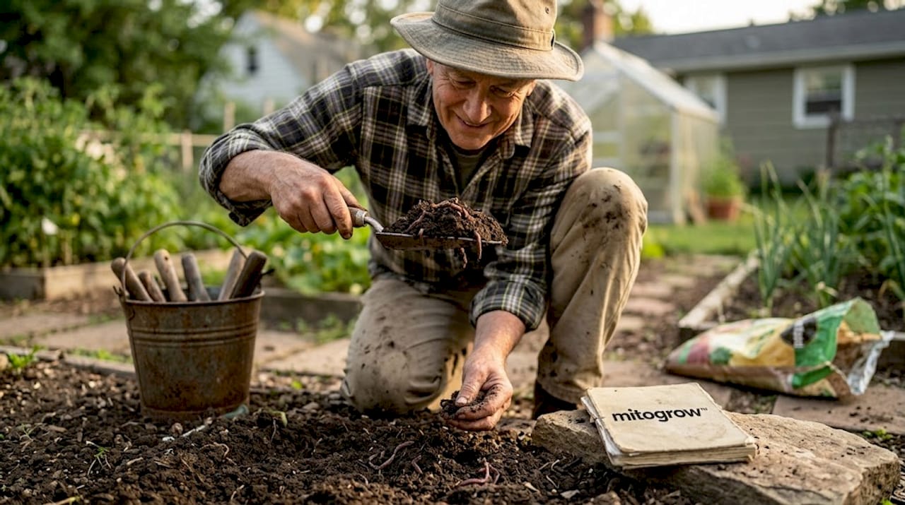 Person closely inspecting healthy garden soil