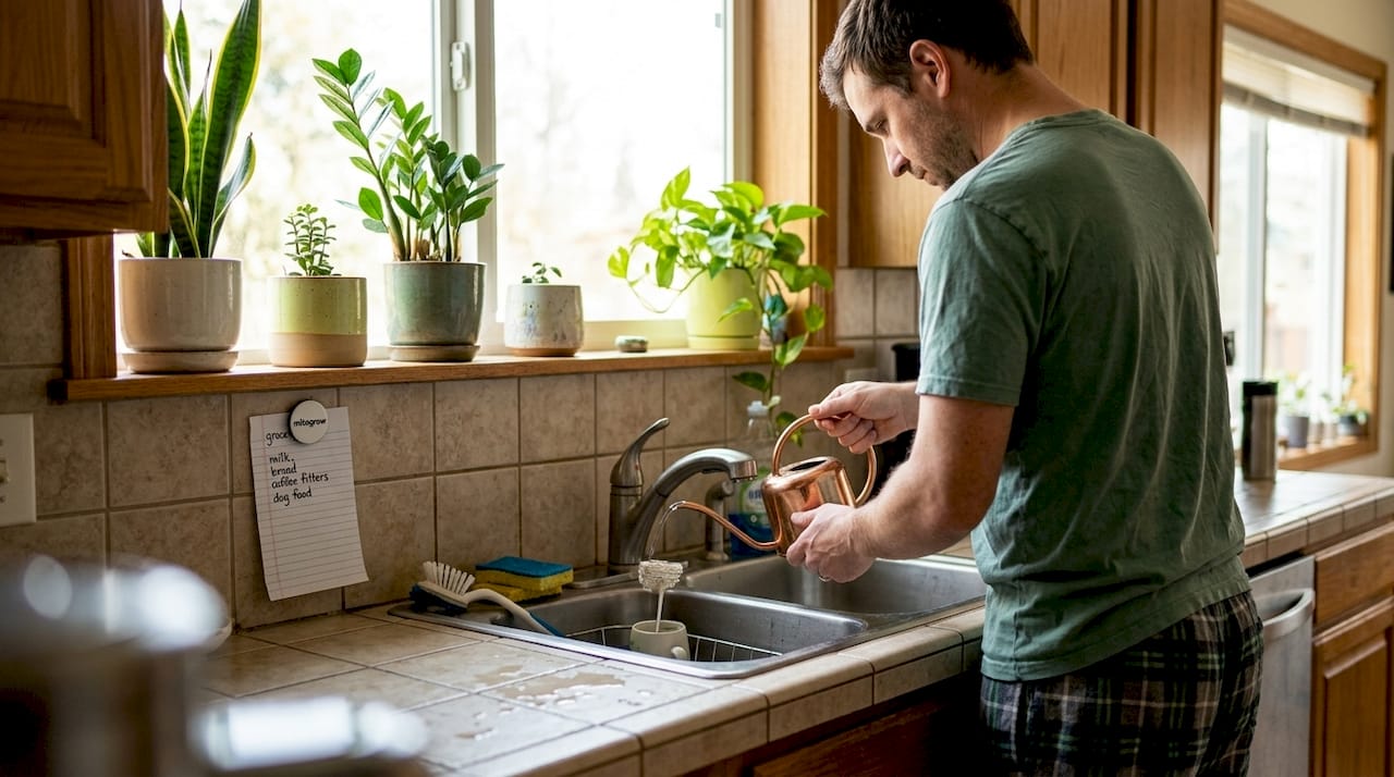 Man watering plants at kitchen counter