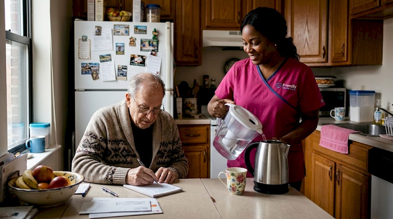 Senior writing list with caregiver in kitchen