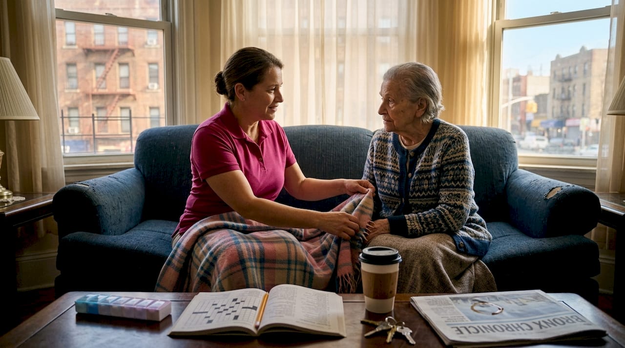 Caregiver assisting elderly woman in Bronx living room