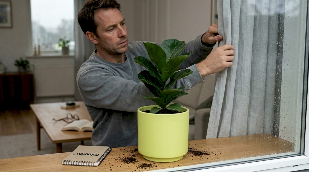 Adjusting window curtain next to houseplant