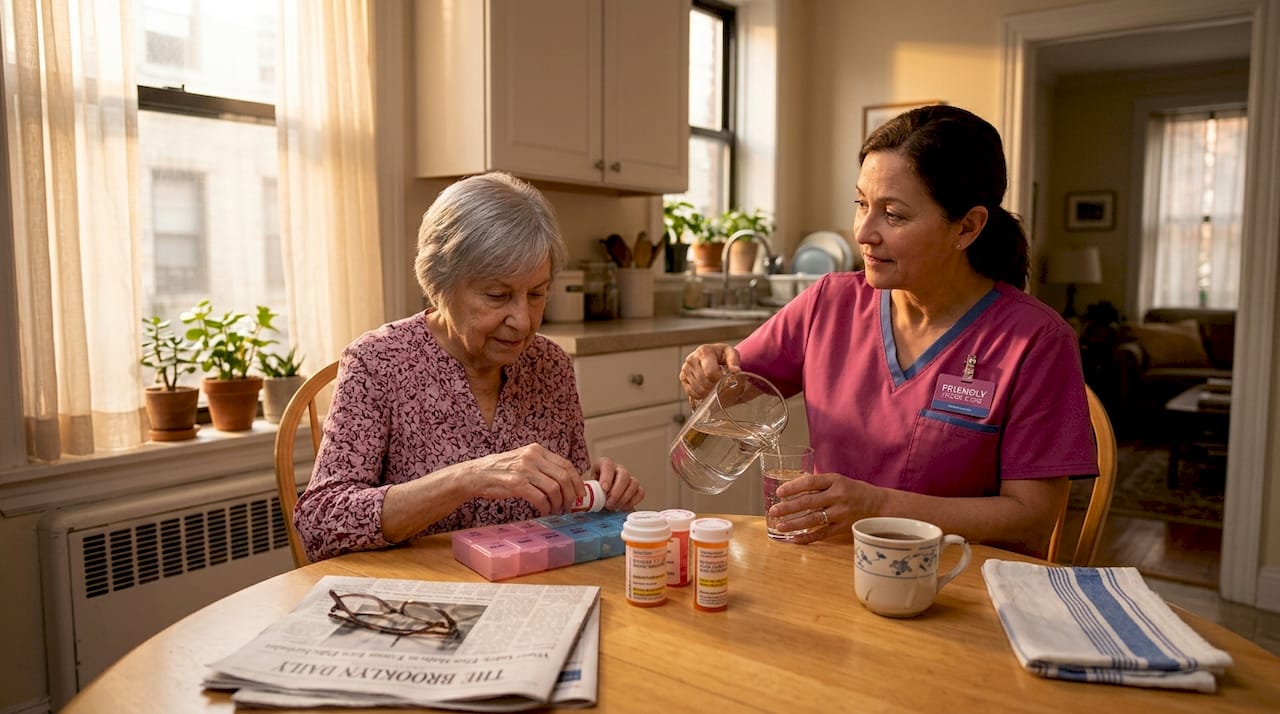 Senior and caregiver at kitchen table organizing medication